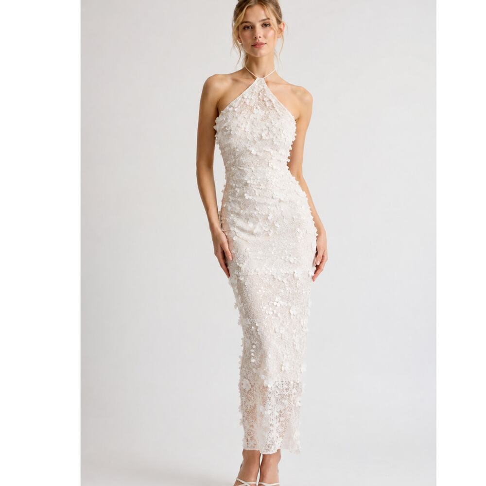 The New Arrivals White Sequin Embellished Halter Maxi Dress Bridal Size 36